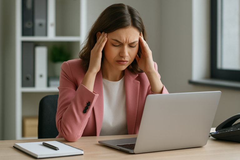 Working women in office in blazer suit in tension